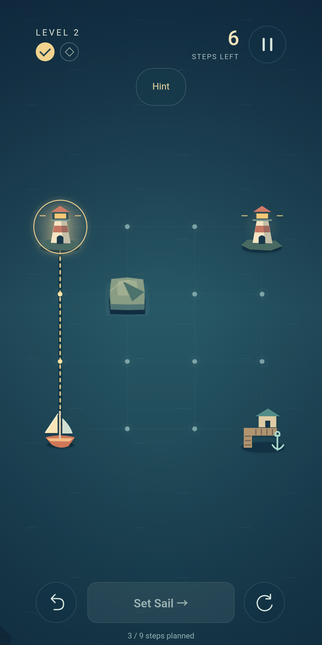 Lightway sea chart with a boat, lighthouses and a partly planned route